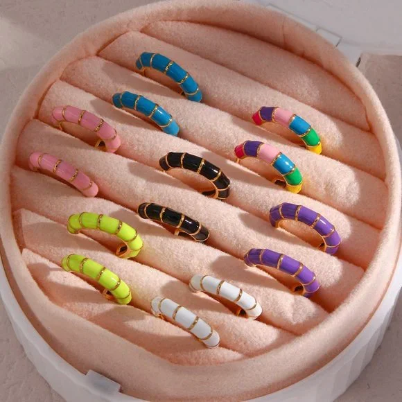 Multi Color Enamel Bamboo C Shape Hoop Huggie Earrings 18K Gold Plated Stainless - Picture 5 of 7